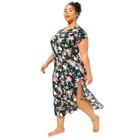 TORRID Plus Size Maxi Washable Gauze Side Slit Tropical Print SWIMSUIT Cover-up - Picture 1 of 16